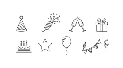Fototapeta premium Collection of hand drawn birthday party celebration icons in a simple silhouette style