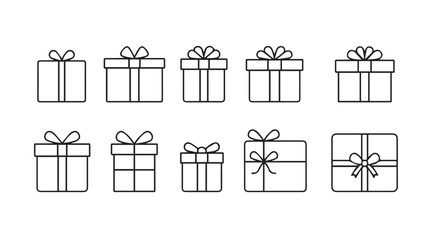 Collection of ten different sized gift boxes with ribbons silhouette