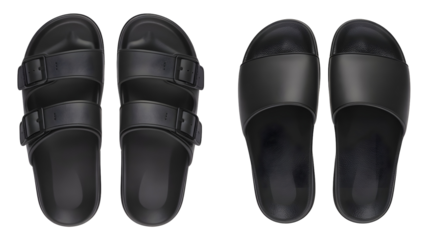 Pair of black slipon sandals and black doublestrap slides, isolated on transparent background