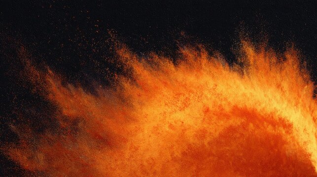 Abstract Explosion Of Vibrant Orange Powder Against Black Background. Dynamic Energy And Motion In Art