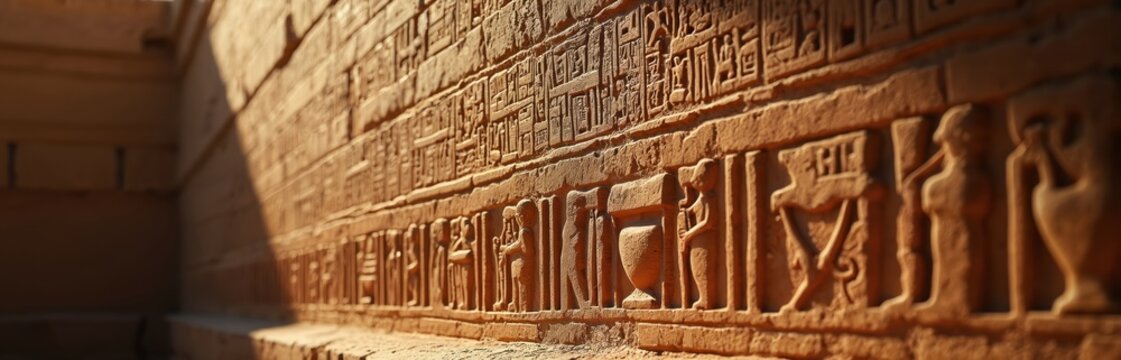 Close up of ancient egyptian hieroglyphics carved on a stone wall. Figures and symbols tell stories of pharaohs and gods from millennia past. Sunlight casts shadows on textured surface. - Powered by Adobe