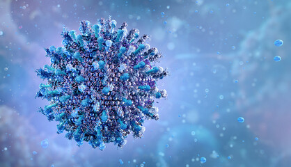 Tick-borne Crimean-Congo hemorrhagic fever virus (CCHFV), in a fluid. Orthonairovirus viral surface texture, molecular structure, zoonotic infection transmission via Hyalomma ticks. Nairovirus 3D