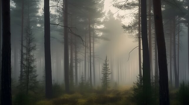 Misty coniferous forest at daybreak, creating an atmosphere of mystery and tranquility
