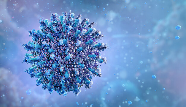 Tick-borne Crimean-Congo hemorrhagic fever virus (CCHFV), in a fluid. Orthonairovirus viral surface texture, molecular structure, zoonotic infection transmission via Hyalomma ticks. Nairovirus 3D
