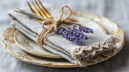 Obraz premium Elegant Table Setting With Vintage Plates, Linen Napkin, And Lavender. Rustic Charm For Special Dining Occasions