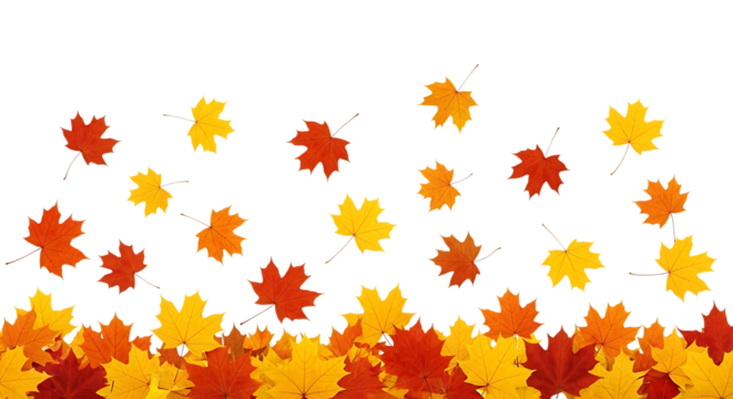 Autumn leaves falling in a gentle breeze isolated on transparent background