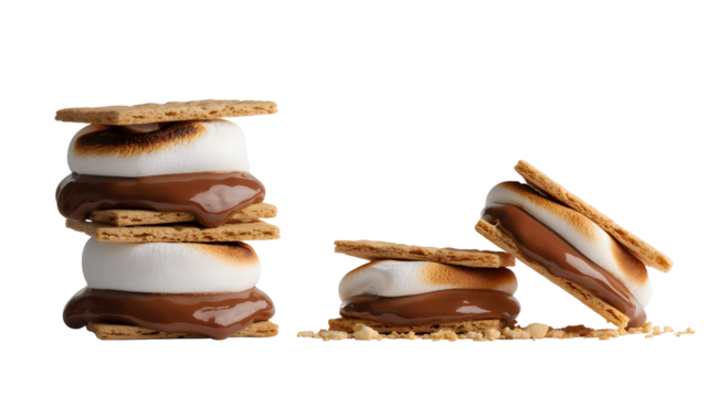 Three smores with toasted marshmallows, chocolate, and graham crackers isolated on transparent background