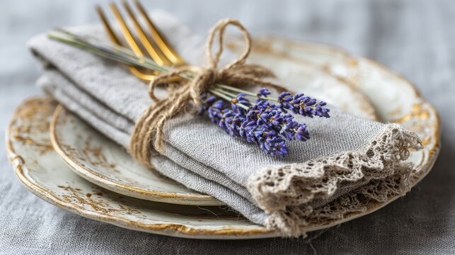 Elegant Table Setting With Vintage Plates, Linen Napkin, And Lavender. Rustic Charm For Special Dining Occasions