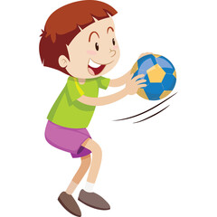 Young Boy with Red Hair Wearing a Green Shirt and Purple Shorts Plays with a Blue and Yellow Soccer Ball Captured in Motion on a Transparent Background