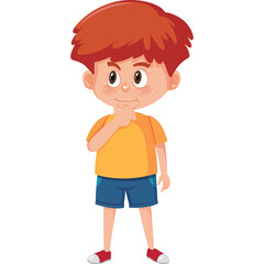 Young Boy With Red Hair Thinking And Looking Sideways Wearing An Orange T Shirt And Blue Shorts And White Shoes With Red Accents