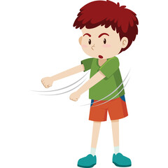 Young Boy With Red Hair Wearing A Green T Shirt And Orange Shorts Swinging His Arms In A Dynamic Motion Against A White Background