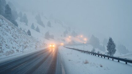 Snowy Mountain Road With Cars And Streetlights In Foggy Winter Scene. Challenging Winter Driving Conditions