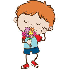 Young Boy With Orange Hair Wearing A Blue And Red Shirt And Blue Shorts Smelling A Small Bouquet Of Colorful Flowers With His Eyes Closed In A White Background