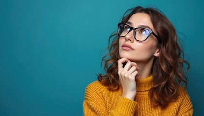 Young woman with curly brown hair wearing black glasses, yellow sweater. Looks up thoughtfully with hand on chin. Blue background. Contemplative female person thinking. Isolated studio portrait.