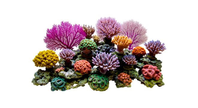 Colorful coral reef cluster isolated on transparent background