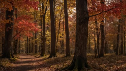 Fototapeta premium Autumnal Forest Path - A Serene Walk Through Vibrant Fall Colors.