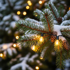 Closeup of snowy pine tree branch with string lights and pine cones