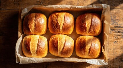 Freshly Baked Golden Bread Rolls In Wooden Tray. Perfect For Breakfast Or Brunch