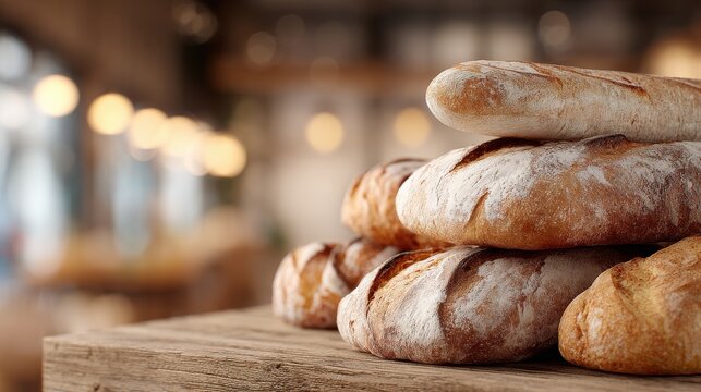 Freshly Baked Artisan Bread On Rustic Wooden Table. Warm And Inviting Bakery Atmosphere