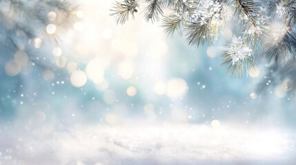A bright snowy background with blurred white and blue tones, falling snowflakes, and pine branches at the top border, suitable for text or product display.