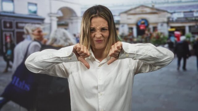 Woman grimacing and showing thumbs down with both hands on busy city street in daytime; urban disapproval.