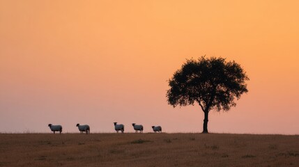 Silhouette Of Sheep And Tree Against Vibrant Sunset Sky. Peaceful Rural Landscape At Dusk