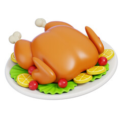 Whole Roasted Chicken Gourmet with Lemon Tomato on White Plate Isolated. 3D Rendering