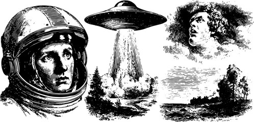 Astrophotography vector illustration featuring an astronaut and UFOs. Antique style line drawing with vintage scenery, presented as a set.