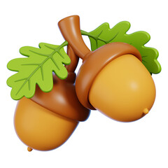 3D Acorn Nuts with Leaves Isolated.