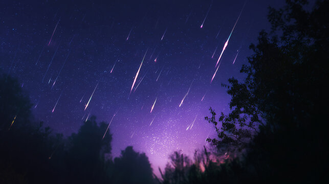 Meteor shower over landscape at night sky, capturing falling stars and cosmic wonder — perfect for astronomy, nature, or travel concepts	