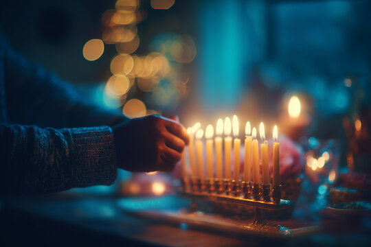 Close-up of hands lighting a Hanukkah menorah with glowing candles, cozy festive atmosphere with warm bokeh lights, symbol of faith and tradition	