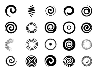 Collection of 20 Black Spiral and Swirl Graphic Design Elements
