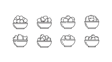 Collection of eight stylized bowls filled with various fruits in a simple line art silhouette