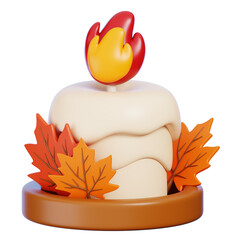 3D Burning Candle with Maple Leaves Isolated Thanksgiving Concept.