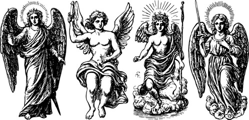 Vintage angel illustrations in black and white. Ornate figures in a religious set, suitable for a cultural vector illustration.