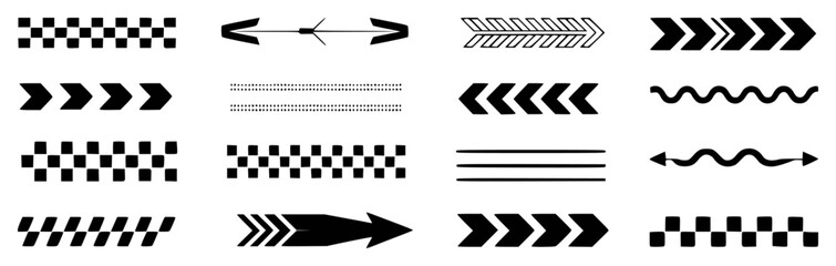 Collection of Black and White Graphic Elements: Arrows, Checkered Patterns, and Lines