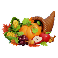 Cornucopia Harvest Thanksgiving Full of Autumn Decor and Pumpkins Isolated. 3D Rendering