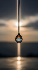 A close-up shot of a water droplet falling with a rainbow reflection against a blurred sky background, capturing the beauty of nature and physics in motion