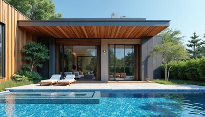 Fototapeta premium Modern luxury house with wooden facade and pool. Large glass doors open to living area. Lush green landscaping surrounds the property. Two lounge chairs sit near the water.
