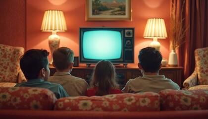 Family watches old TV in retro living room. Kids sit on sofa, vintage furniture, lamps, and classic decor create nostalgic atmosphere. Children bond watching screen together.