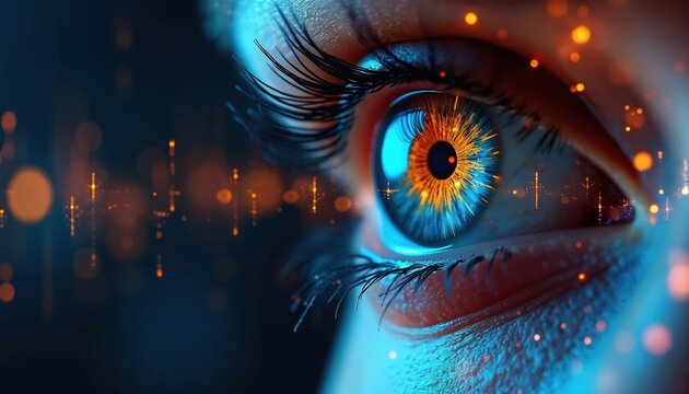 Macro view of human eye reflecting digital data streams and glowing particles. Futuristic iris with bright orange and blue colors suggests advanced tech and AI insight.