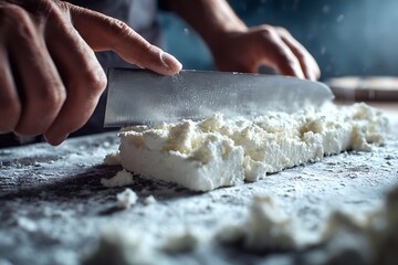 Hands cutting fresh ricotta cheese on board