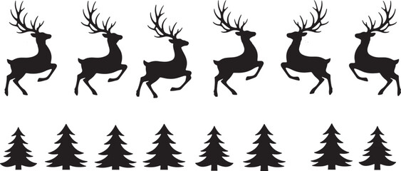 Reindeer with pine trees silhouettes