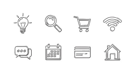 Collection of blue outline icons representing business and technology concepts silhouette