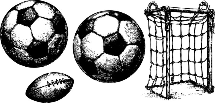 Sketch of soccer and football balls with a net. Classic monochrome vector illustration of sports equipment in a simple design. - Powered by Adobe