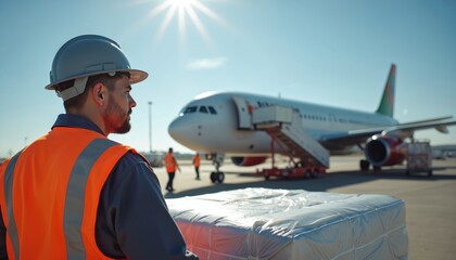 Airport worker in safety gear manages cargo in front of airplane on sunny day. Man in hard hat and vest handles wrapped package. Airplane with stairs and workers in background.