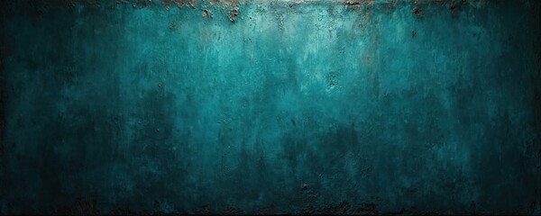 Rough textured wall with dark teal, blueish green color gradient. Aged concrete surface shows signs of wear, tear with subtle cracks, rust like spots. Ideal backdrop for gritty industrial artistic
