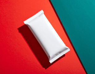 Minimalist Blank White Snack Bar Wrapper Mockup Displayed on Vibrant Red and Teal Background with Clean Shadows for Modern Product Branding, Packaging Design, and Creative Presentation