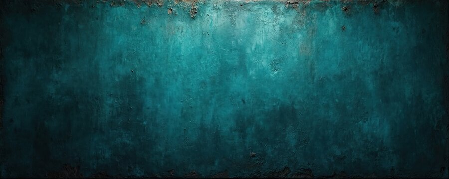Rough textured wall with dark teal, blueish green color gradient. Aged concrete surface shows signs of wear, tear with subtle cracks, rust like spots. Ideal backdrop for gritty industrial artistic