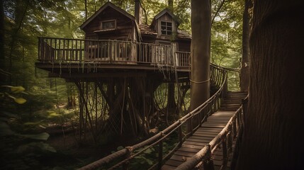 Whimsical treehouse retreat amidst lush foliage, connected by a wooden bridge
